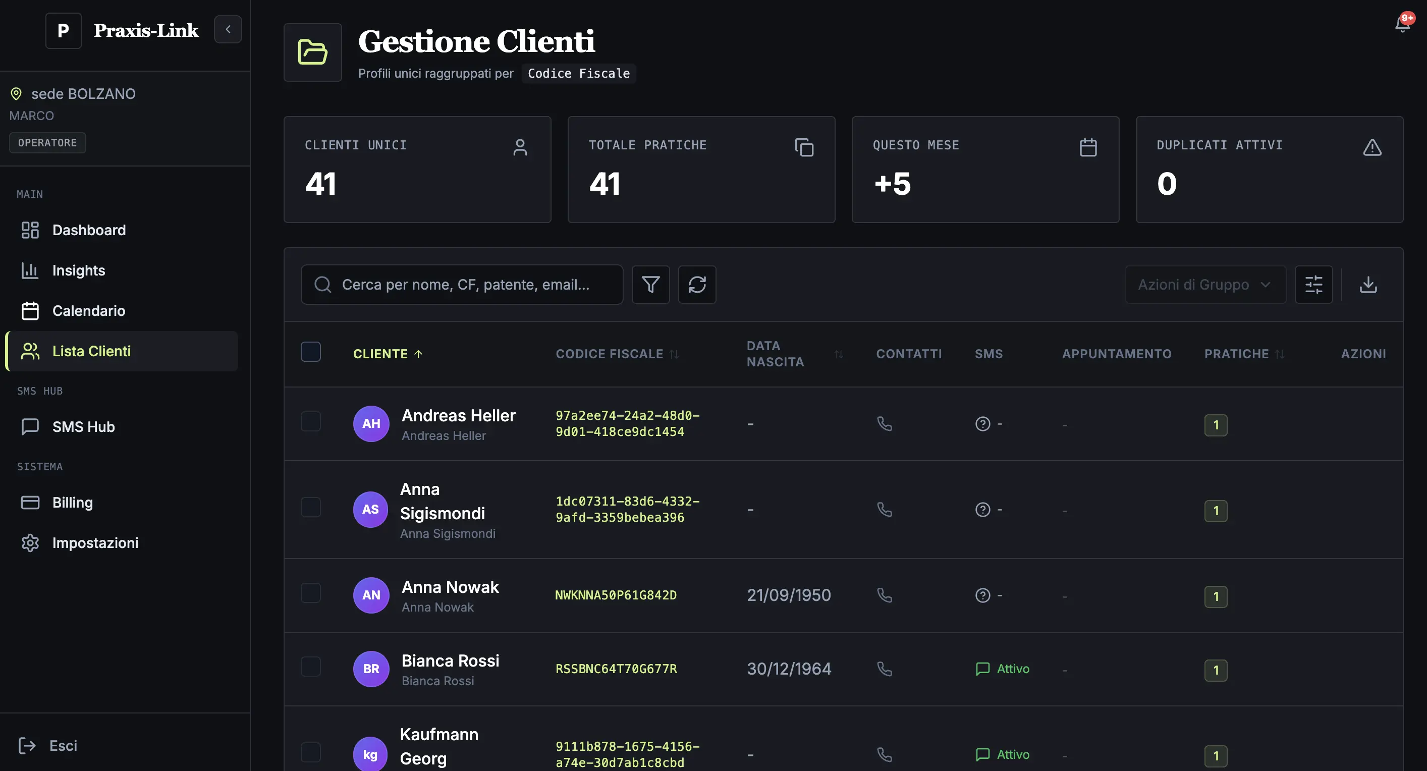 Client records — full profile, history, and document status
