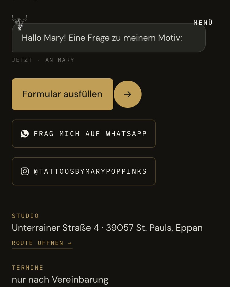 390px — address, hours, three languages