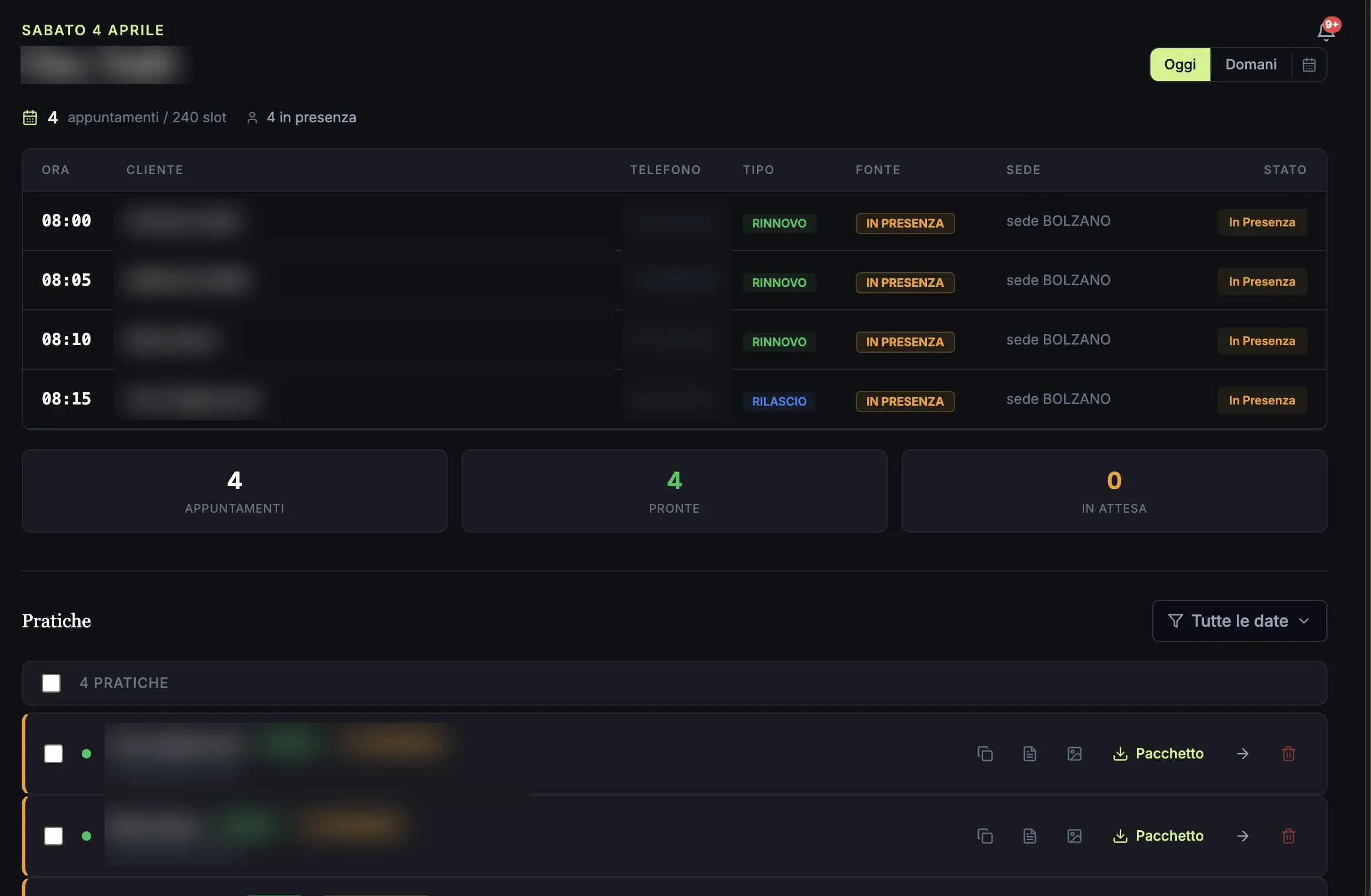 The panel of a custom back-office tool: today's appointments and the open files